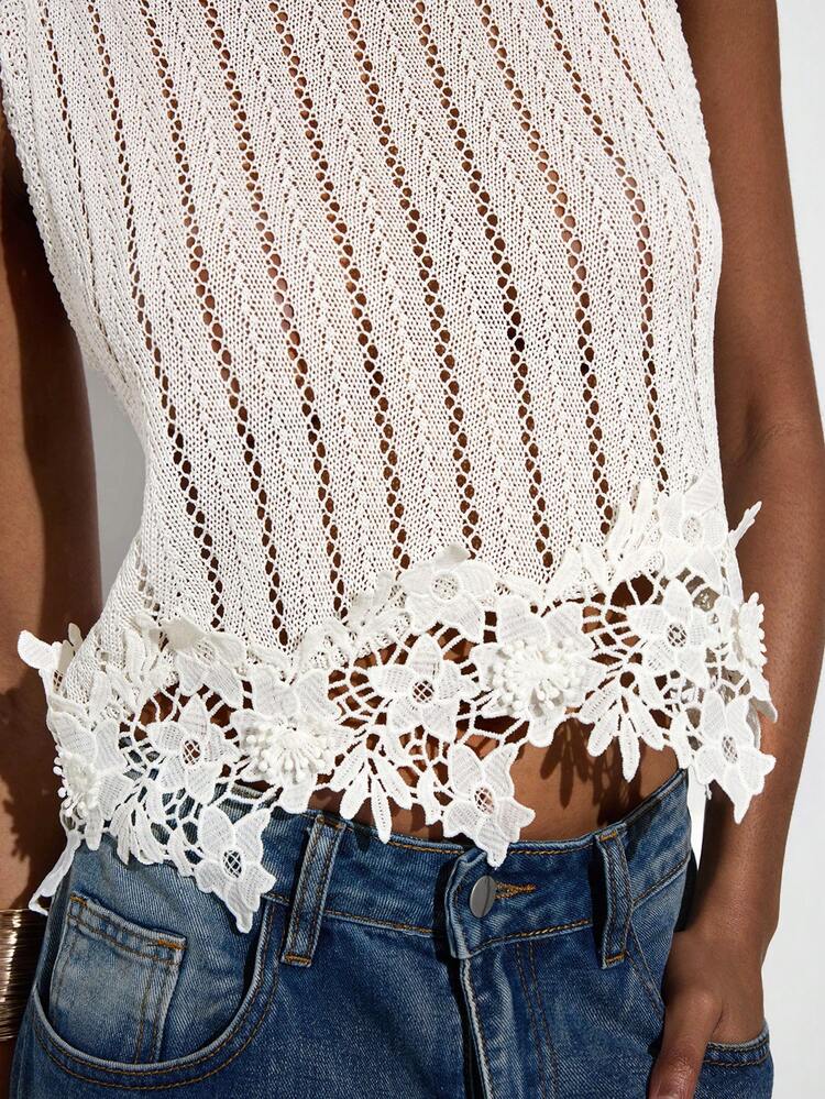 SHEIN Maija Top sin mangas de punto abierto con encaje y rayas estilo bohemio MAIJA para vacaciones