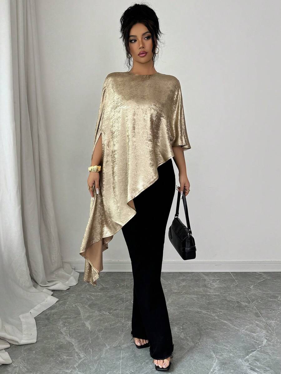 Rafferiza Women's Elegant French Style Asymmetric Hem Casual Blouse - Gold - View 1