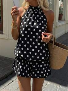 Aloruh Vestido corto de verano con escote halter y espalda descubierta, con estampado de lunares sexy para mujer - Blanco y Negro - Ver 3