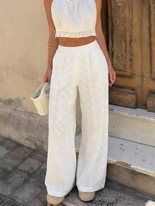 Firerie Women's Casual Loose High Waist Wide Leg Pants, White Embroidered Textured Fabric Pants, Beach Vacation Vacation Trousers, Spring/Summer Bohemian - White - View 6