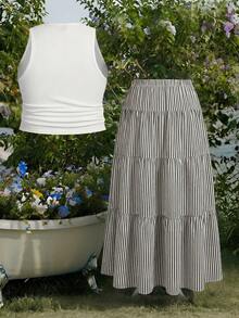 SHEIN EZwear Summer Elegant Boho Smart Casual Plus Size 2-Piece Set, Horse Embroidery Ribbed Knit Tank Top White Elastic Waist Maxi Skirt, Vacation - Multicolor - View 2