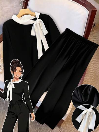 GlowEve CURVE 大码女式撞色打结领长袖上衣和裤子休闲两件套