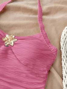 SHEIN Teen Girls V-Neck Floral Metal Buckle Tie Strap White Textured Knit Fitted One-Piece Swimsuit Vacation Swimsuit - Hot Pink - View 3