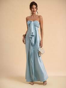 SHEIN BAE Đầm satin màu xanh trơn xếp ly, kiểu quây ngực, buộc dây, trang phục thanh lịch cho kỳ nghỉ hè, đám cưới trên bãi biển, tiệc brunch. - Màu xanh lam - Xem 3