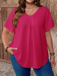 EMERY ROSE Plus Size V-Neck Ruched Short Sleeve Top,Pastel Pink,Summer,Smart Casual,Office,Solid Dressy Fashionable Everyday Wear Country Casual Vacation Outfits - Hot Pink - View 4