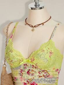 SHEIN ICON Summer Women's Mint Green Going Out Beach Contrast Lace Ruched Y2k Cami Top - Multicolor - View 5