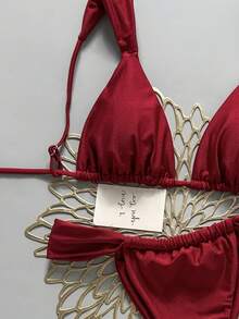 SHEIN Swim Bộ bikini mùa hè màu trơn gợi cảm dành cho nữ, đồ bơi bikini một mảnh cho nữ, bộ đồ bơi Zestiva 2 mảnh, đồ bơi định hình dáng quyến rũ cho nữ, bộ bikini thiết kế dành cho nữ. - Đỏ - Xem 3