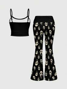 ROMWE Goth Máscara facial oscura de estilo gótico punk, pantalones acampanados con tirantes finos y múltiples pliegues en la cintura, conjunto de 2 piezas para mujer - Negro - Ver 2