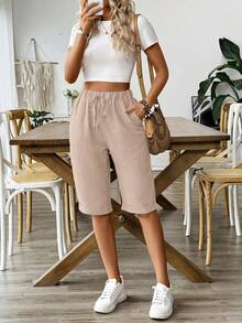 SHEIN Holidaya Elastic Waist Linen-Like Casual Shorts, Summer - Apricot - View 6