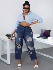 Slaydiva Plus Size Casual Washed Distressed Denim Jeans - Dark Wash - View 1