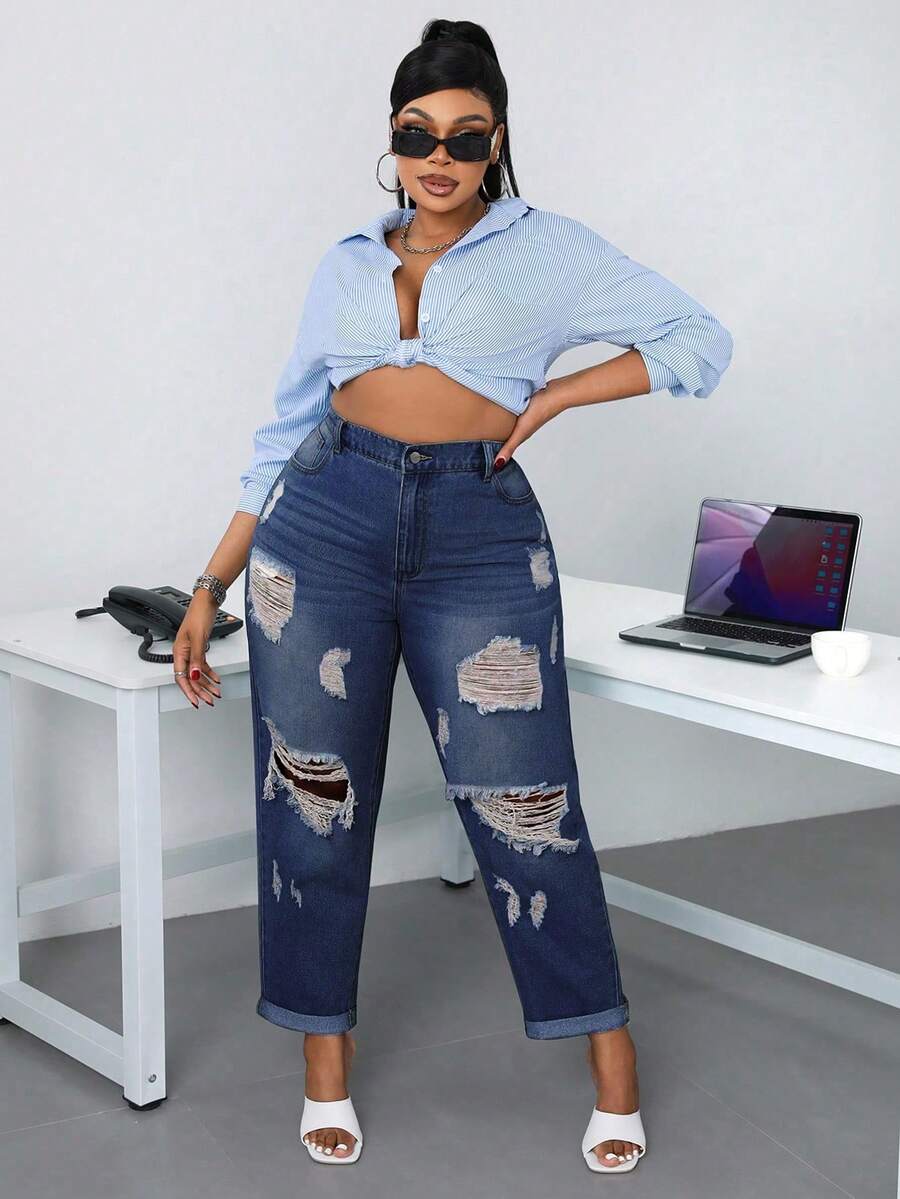 Slaydiva Plus Size Casual Washed Distressed Denim Jeans - Dark Wash - View 1