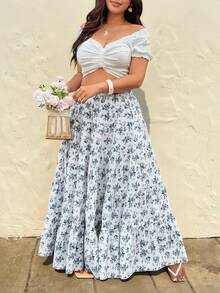 Sunnyshic Große Größen Blau Blumen Muster Casual Vielseitig Elegant Rock, Frühling/Sommer Y2k Midi Rock Zwei Teile mit Rock Damen Sommer Outfits Röcke für Damen Zwei Teile Brunch Outfits für Damen - Babyblau - Übersicht 1