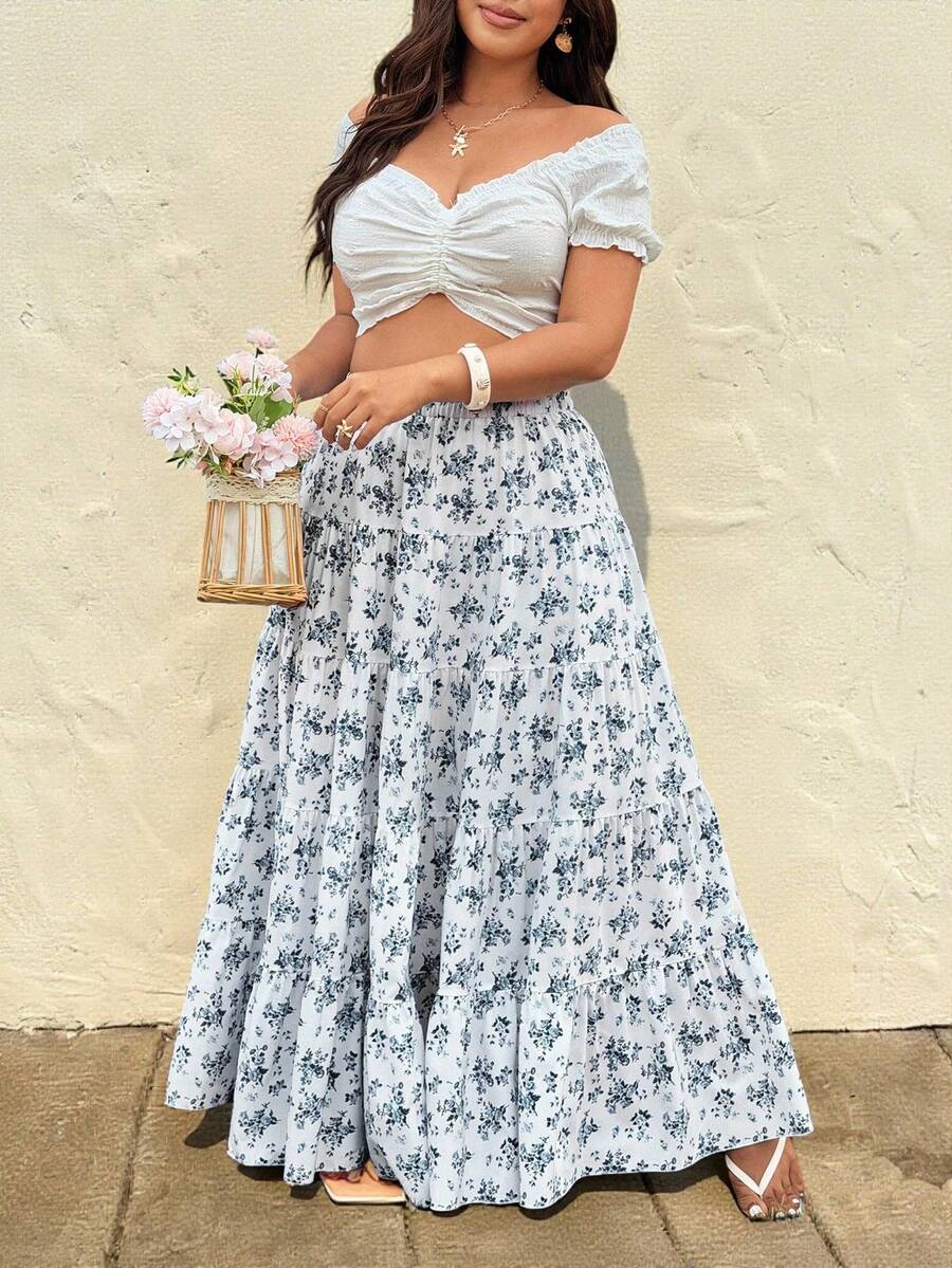 Sunnyshic Große Größen Blau Blumen Muster Casual Vielseitig Elegant Rock, Frühling/Sommer Y2k Midi Rock Zwei Teile mit Rock Damen Sommer Outfits Röcke für Damen Zwei Teile Brunch Outfits für Damen - Babyblau - Übersicht 1