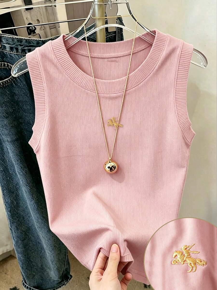 SHEIN LUNE 女款無袖刺繡白色上衣，休閒度假辦公穿搭，女士T恤背心