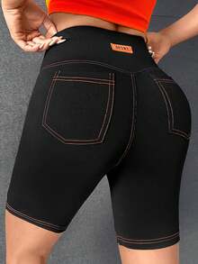 SHEIN PETITE CURVE Plus Size Letter Patched Top-Stitching Biker Shorts - Black - View 5