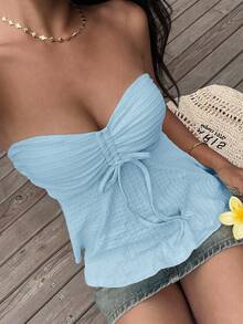 SHEIN EZwear Light Blue Knit Tube Top For Women - Baby Blue - View 3