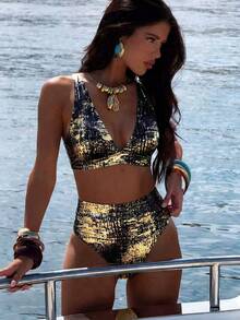 Bonvoyette Bộ bikini gợi cảm cạp cao cổ chữ V sâu, dây đeo điều chỉnh được, chất liệu vải ánh vàng, thích hợp chụp ảnh trên bãi biển, dành cho mùa Xuân/Hè 2026. - màu đen - Xem 1