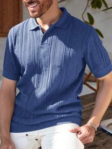RONVEXI 男士休闲纯色 Polo 领短袖针织衫 - 霧霾藍 - 查看 5