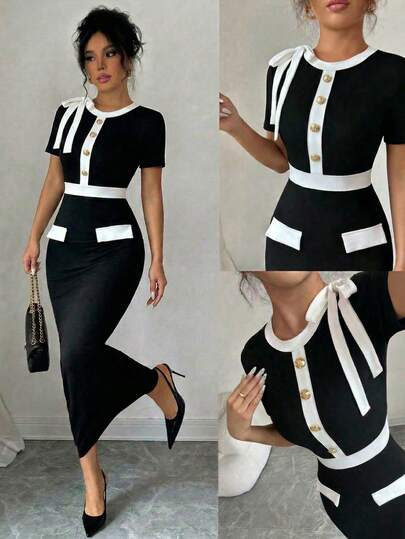 Selianne 女士优雅修身撞色纽扣装饰短袖连衣裙，夏季时尚休闲户外度假日常修身剪裁，适合女士派对、约会、聚会、工作通勤、商务场合，撞色短袖连衣裙，日常穿着，夏季连衣裙，女士夏季连衣裙，适合所有季节，适合毕业季、返校季、开学季、毕业典礼、教师节，女士撞色蝴蝶结装饰修身纽扣短袖连衣裙，夏季