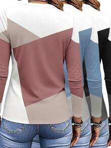 EMERY ROSE Set de 3 camisetas de manga larga para mujer, con diseño de bloqueo de color y estampado de patchwork, diseño de patrón clásico, versátil, adecuado para uso al aire libre, viajes y uso diario, cómodo - Multicolor - Ver 2