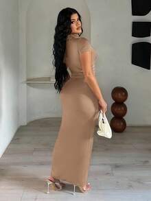 SHEIN SXY 不对称领口棕色优雅连衣裙 - 卡其色 - 查看 2
