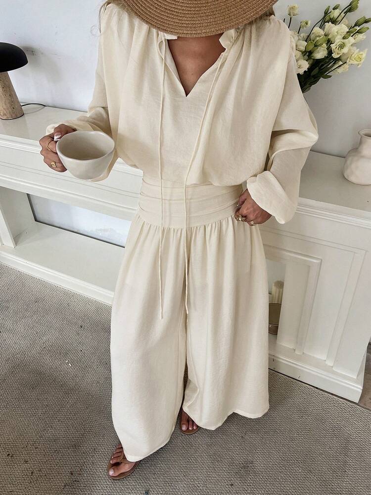 Women's Solid Color Ruffle Trim Long Sleeve Shirt And Pants Casual 2 Pieces Set Lounge Sets For Women