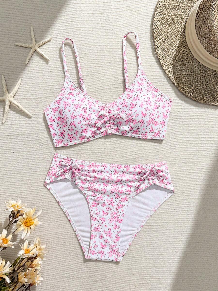 SHEIN Costume da bagno a due pezzi per ragazze pre-adolescenti, con motivo floreale ditsy colorato, top con laccio centrale, slip con laccio laterale, adatto per nuotare, vacanze, estate, elegante e casual alla moda - Rosa - Visualizzare 1