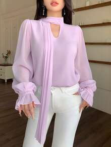 Modelyn 法式优雅缎带装饰长袖衬衫，修身显瘦，秋季粉色 - 玫紅色 - 查看 6