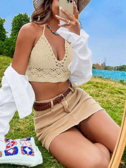 Breezaya Áo vest hở lưng cổ yếm móc thủ công, kiểu dáng khoét rỗng, buộc dây, gợi cảm, thích hợp cho kỳ nghỉ.