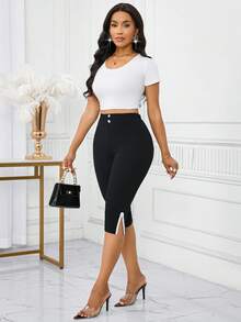 SHEIN PETITE CURVE CURVE 大尺碼女款小個子緊身褲，黑白配色高腰休閒緊身褲，適合健身、秋季優雅休閒度假穿搭 - 黑色 - 查看 4