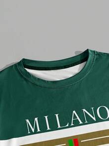 Sorvial 男士夏季休闲撞色拼布字母印花T恤和短裤套装 - 彩色 - 查看 8