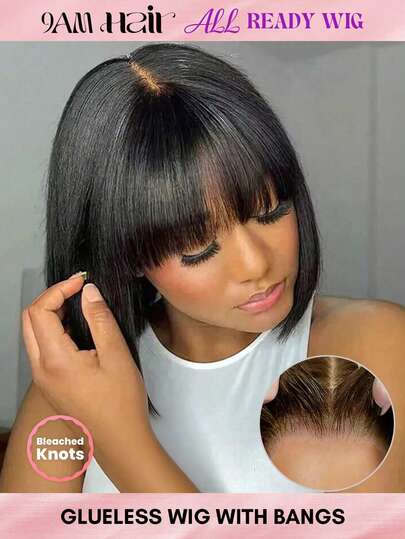  All Ready Wig Glueless Wig Peluca bob con flequillo, peluca lista con cabello 100% humano, decolorada previamente, con raíz despuntada previamente, con cierre sin pegamento y encaje fundido 4x4