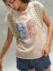 Bohemela 女款休閒波西米亞風素色針織拼接蕾絲圓領寬鬆短袖T恤，夏季上衣鉚釘上衣最新款女上衣新品印花上衣圖案T恤女款旅行米色 - 杏色 - 查看 4