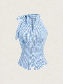 SHEIN Franclia 春夏休闲时尚系带无袖修身V领开襟竖排纽扣腰部褶皱修身女式衬衫 - 藍色 - 查看 5