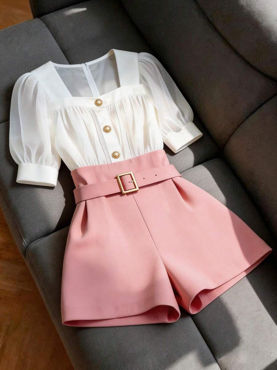 SHEIN Franclia Bộ áo liền quần nữ, bộ áo liền quần ngắn tay nữ, bộ áo liền quần cổ vuông tay ngắn phối màu hồng/trắng cho ngày Valentine, thiết kế cúc hình chữ Hán, cạp chun điều chỉnh được với họa tiết hoa cúc, dáng ôm, quần ống đứng xòe rộng dáng chữ A, thanh lịch và đa năng cho trang phục công sở hàng ngày, phong cách đường phố và trang phục thường ngày. Bộ đồ nữ, trang phục mùa hè nữ, bộ đồ ngắn cho nữ, trang phục thanh lịch, quần áo cỡ nhỏ XXS cho phụ nữ. - Nhiều màu - Xem 1