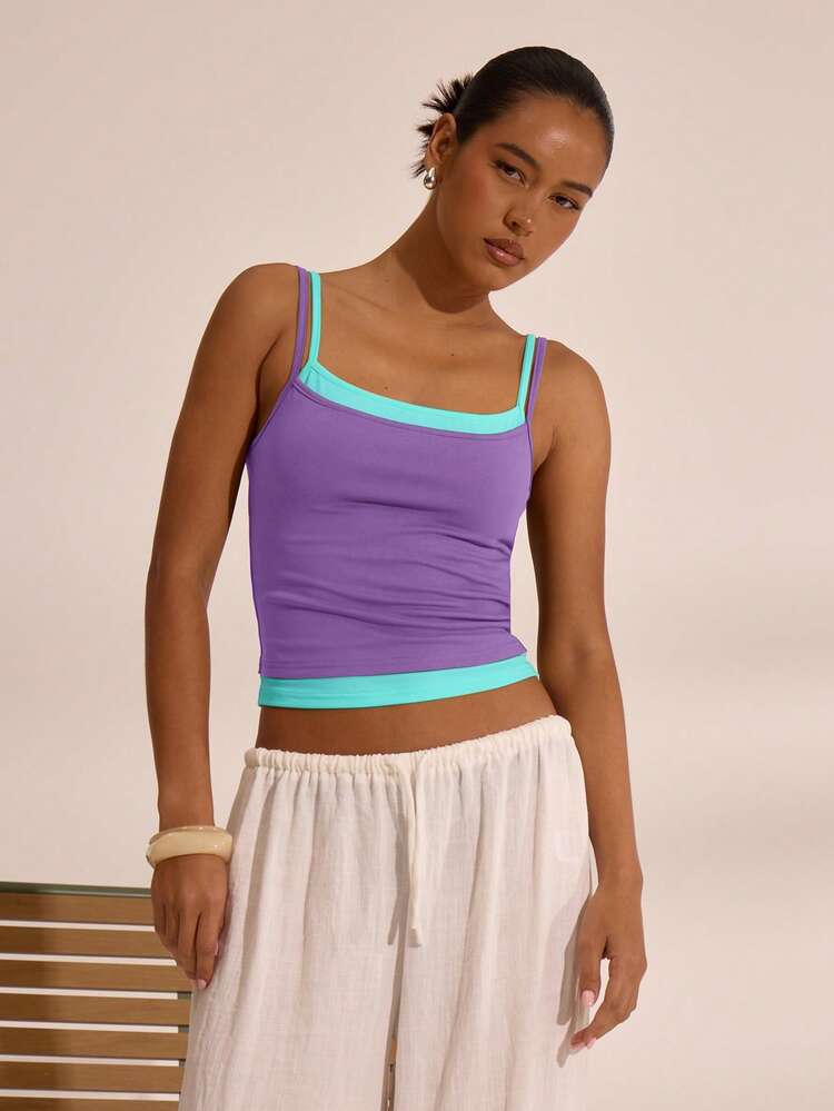MUSERA Double Layer Strappy Square Neck Cami Top Spring Summer