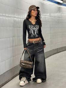 SHEIN Unity 女款军绿色印花水钻装饰街头风 Y2K 酷炫返校休闲长袖T恤 - 黑色 - 查看 5