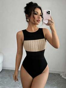 Elenzga Nueva llegada Primavera/Verano Sexy y Elegante Casual Mono sin mangas de punto con parches, Adecuado para vacaciones en la playa, uso diario - Albaricoque - Ver 3