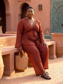 ELLERISSA Plus Size Redwood V-Neck Tie Front Ruffle Hem Top & Wide Leg Pants Co-Ord Set - Redwood - View 5