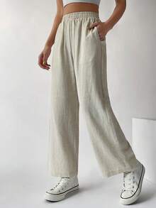 SHEIN EZwear Elastic Waist Pocket Patched Wide Leg Pants - Beige - View 7