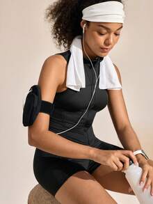 Exploreva Exploreva Women's Solid Color Zipper Collar Vest And Shorts Sports Suit - Black - View 7