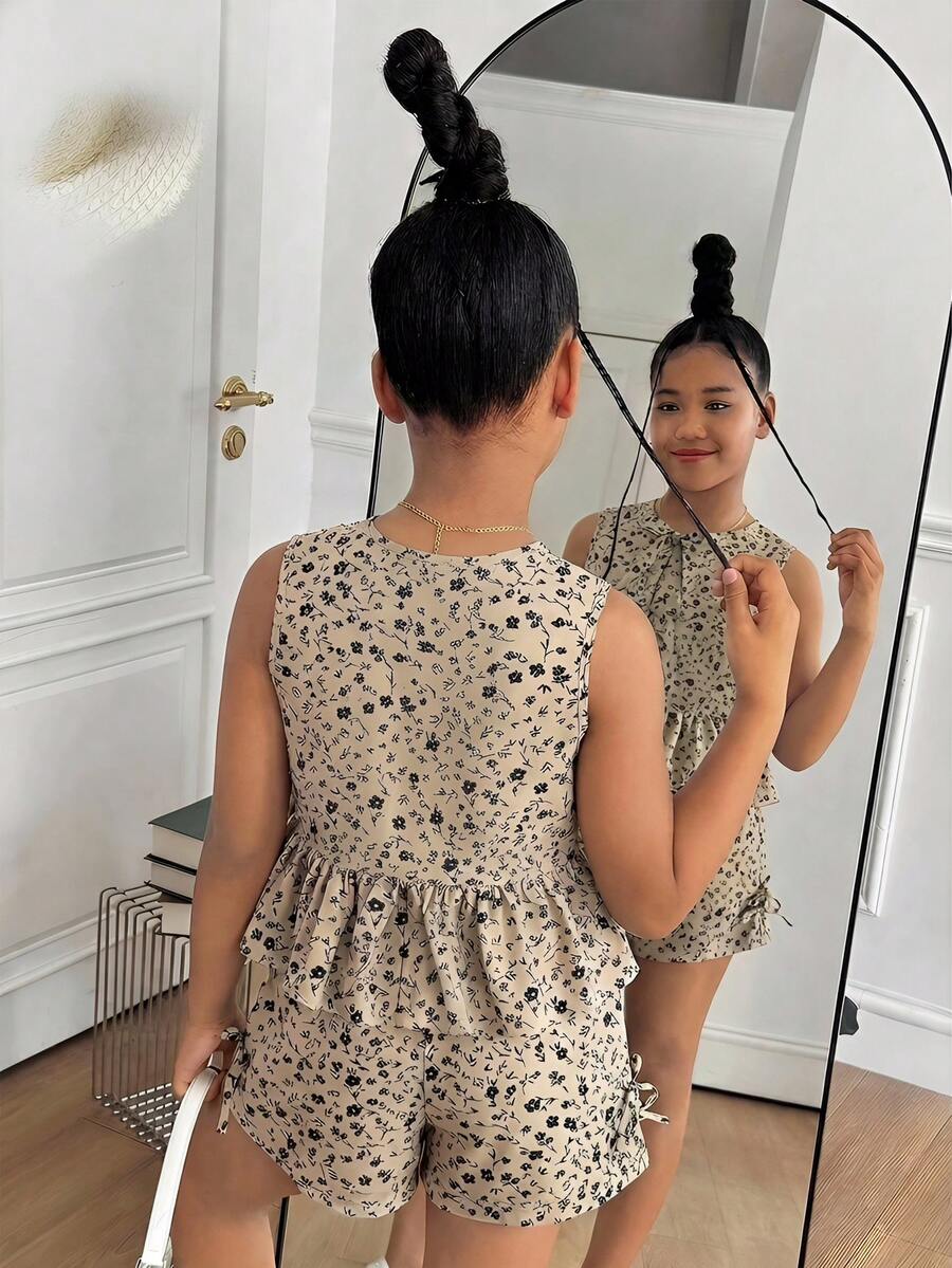 SHEIN Set de 2 piezas con top sin mangas con estampado floral y pantalones casuales sueltos para niña preadolescente - Caqui - Ver 1