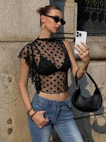 Siren Gaze Áo kiểu nữ chấm bi lưới cổ đứng viền bèo nhún xuyên thấu gợi cảm - màu đen - Xem 7