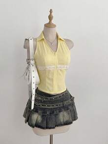 Elamini Women's Spring/Summer Plaid Polo Collar Sleeveless Shirt, Sweet Style With Zipper, Ribbon Splice Slim Fit Top, Suitable For Daily Wear And Dates - Yellow - View 5