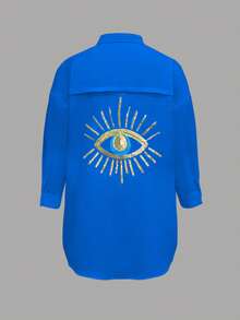 EMERY ROSE Vestido casual de vacaciones de una sola hilera con patrón de ojos de lentejuelas para mujer de talla grande - azul real - Ver 4