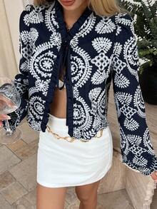 DAZY 女士休闲度假蓝色轻薄外套，女士波西米亚风衬衫 - 藏蓝色 - 查看 6