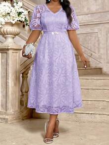 Fleurora Plus Size Women V-Neck Short Petal Sleeve Elegant Cutout Dress Dresses For Special Occasions Wedding Outfits For Women For Women Wedding Guest Elegant Dresses For Women Wedding Dresses For Women Wedding Dresses For Guests Elegant Ceremony Dresses Birthday Dress - Mauve Purple - View 5