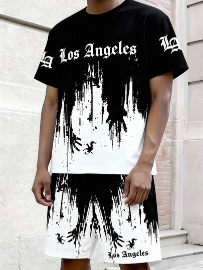 春夏青少年男童休闲时尚创意个性清新高端黑白泼墨印花字母标语印花休闲T恤短裤套装，舒适日常穿着