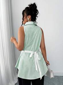 Elenzga Áo kiểu nữ cỡ lớn mùa xuân/hè thanh lịch, kẻ sọc, dáng chữ A, không tay, cạp chun, vạt cong, mở phía trước, thắt eo. - màu xanh lá - Xem 2