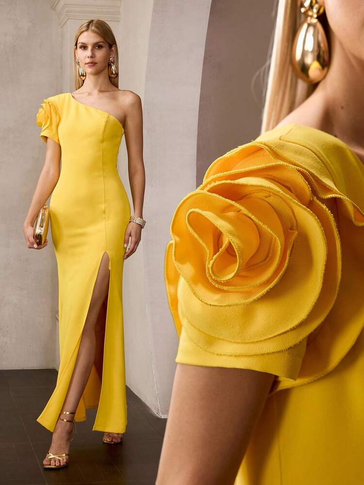 MOTF Soiréza WOMEN'S MUSTARD YELLOW ONE SHOULDER FISHTAIL SPLIT THIGH SHORT SLEEVE DRESS, SUITABLE FOR WEDDING, PARTY, BANQUET